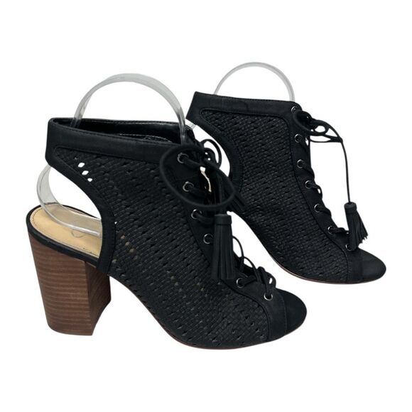 Jessica Simpson Black Peep Toe Lace‎ Up Block Heel Bootie Shoe Sz 7.5 - Picture 1 of 5